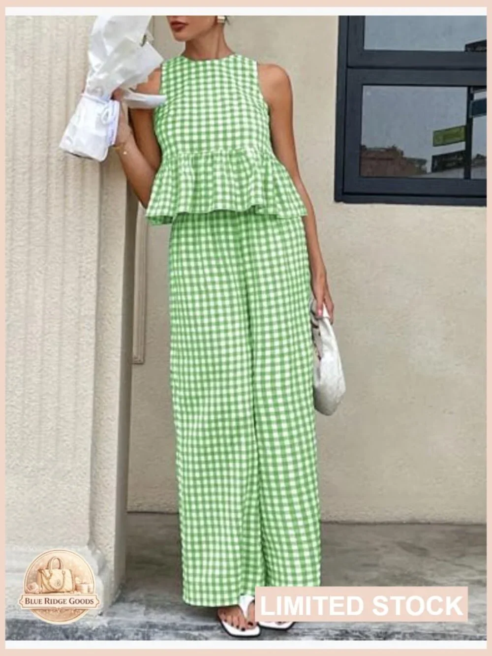 Gingham Plaid Sleeveless Ruffle Tank and Wide Leg Pants Set Summer Matching